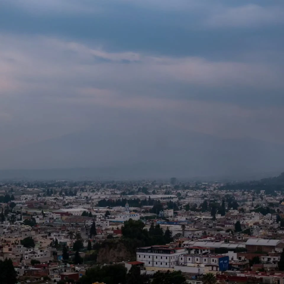 A view across rooftops beneath an overcast sky.