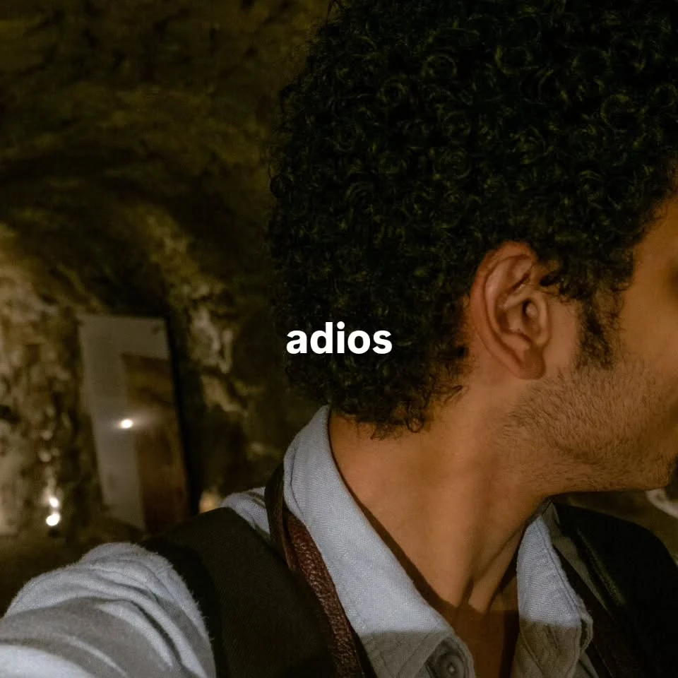 A person in profile outdoors at night, with the word adios overlaid on the photograph.