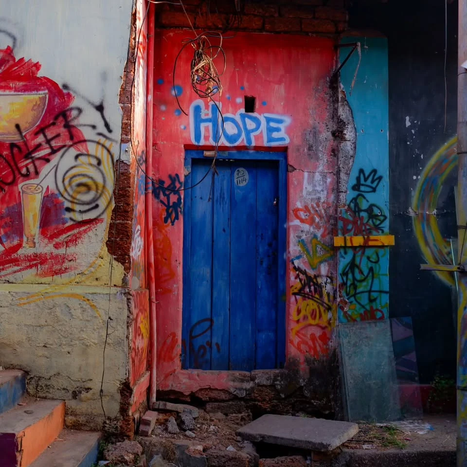 A blue door in a graffiti-covered wall, with the word HOPE painted above it.