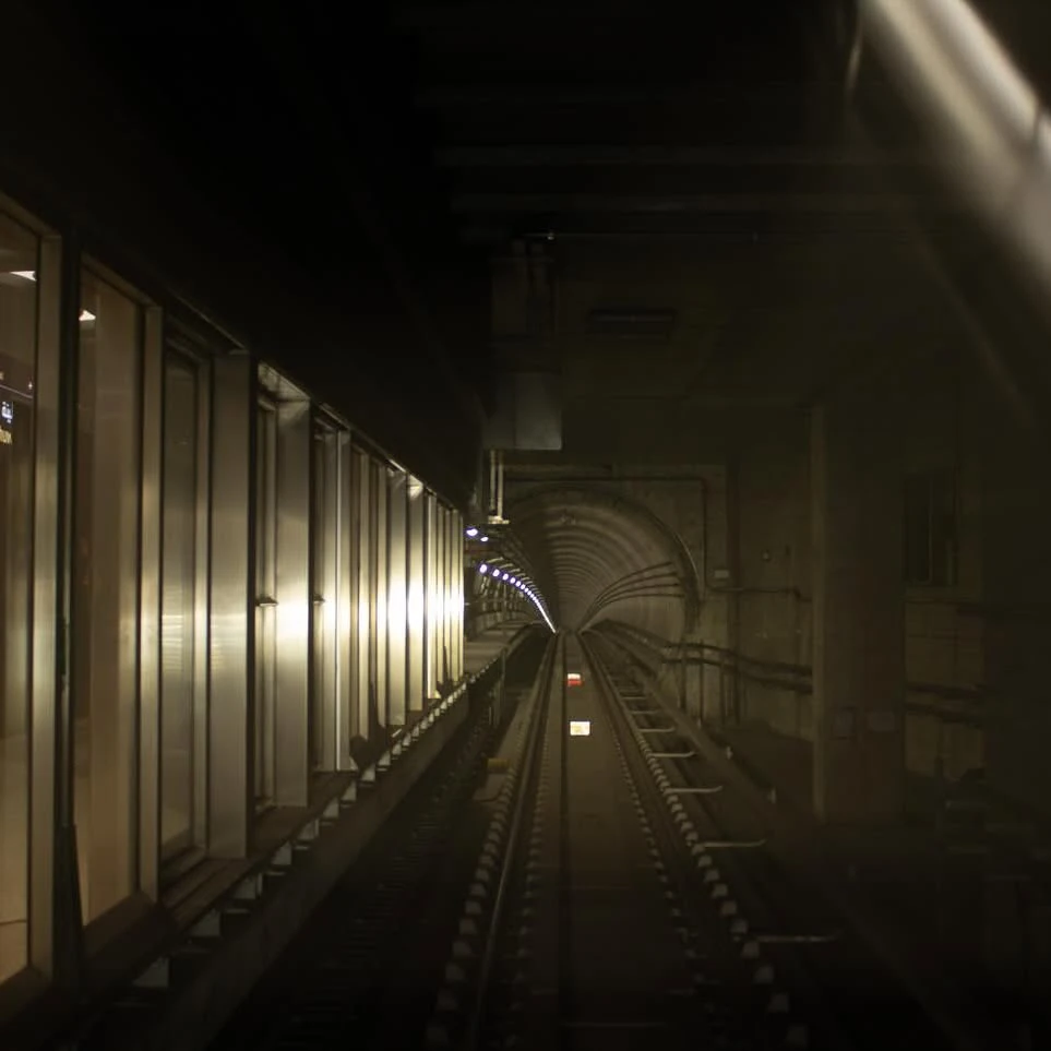 Parallel tracks and lights receding into a dark tunnel.